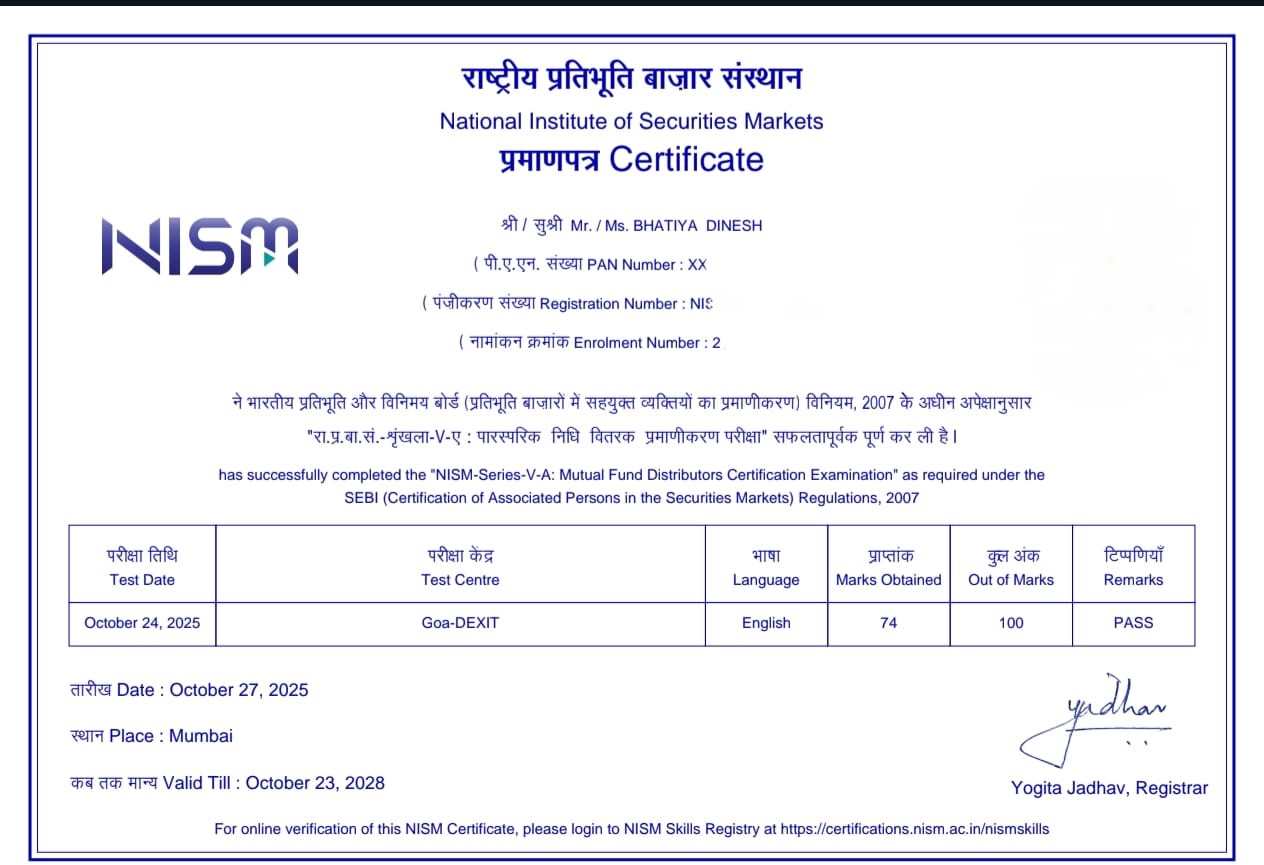 Bhatia Dinesh NISM Exams Testimonial